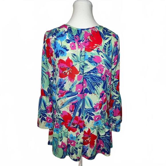 Pappagallo Womens Size S Floral Print Blouse Green Pink Blue - Picture 2 of 10